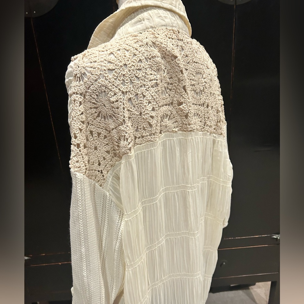 Lace Crochet Patch Button Down Long Shirt In Cream - image 4